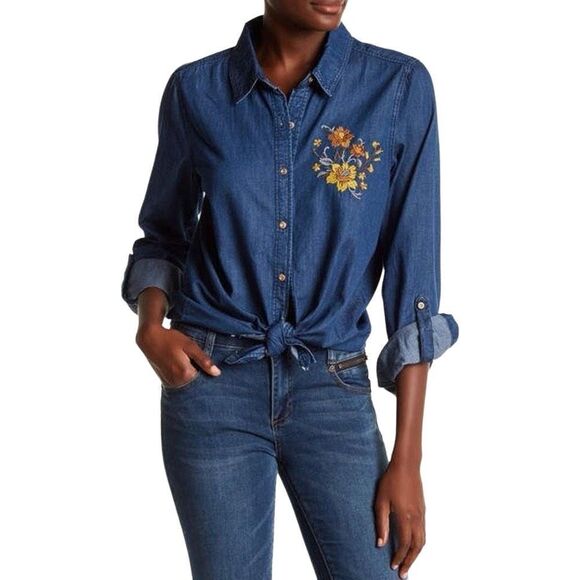 Democracy Embroidered Chambray Button Down Shirt Women’s Size XL - Picture 1 of 16